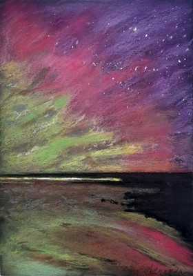 Original Pastel Landscape on Paper   Aurora Borealis Scene   8.3×11.4 in