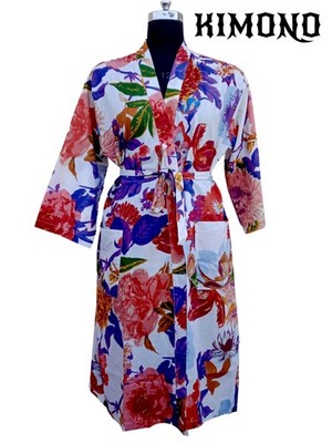 Indisch Baumwolle Robe Langer Kimono Nachtwäsche Weiß Blumenmuster Night Anzug