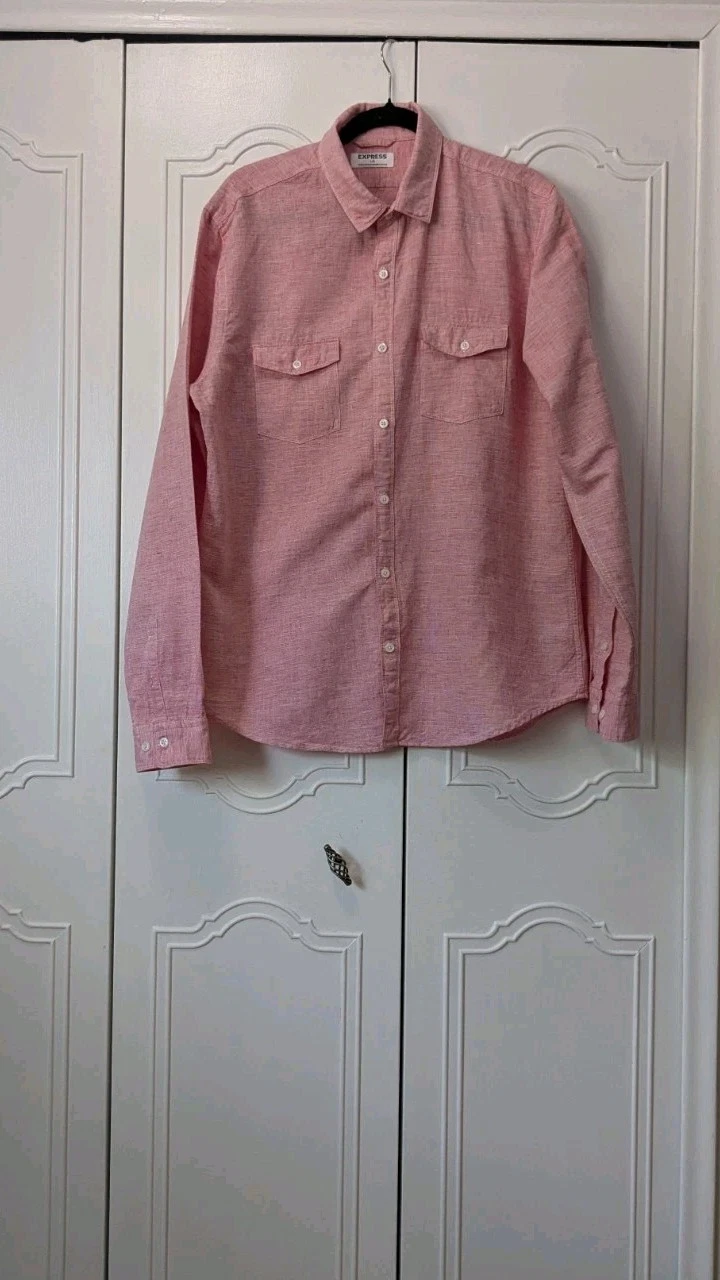 Expréss Men's Peach Linen Blend Buttons Down Shirt Long Slevess Pockets Size L
