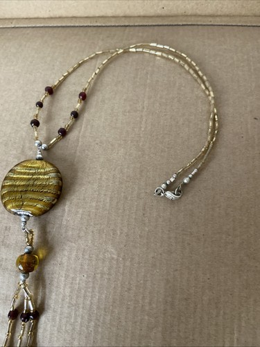 Vintage Murano Glass Iridescent Golden Circular Beaded Necklace Unique Gift VGC - Picture 7 of 7