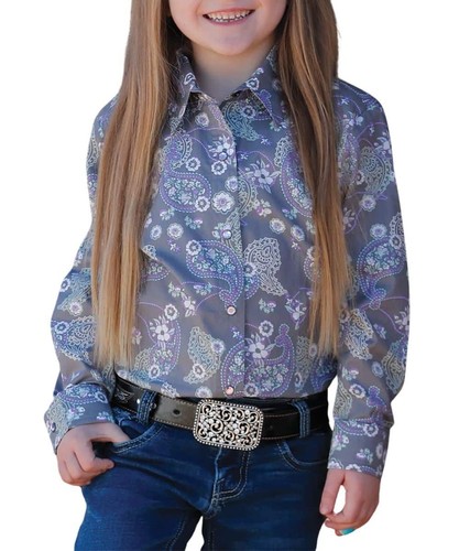 Cruel Girl's Long Sleeve Floral Paisley Print Snap Western Shirt Grey/Purple - Picture 4 of 6