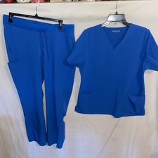 Mandala Women s Scrub Set Pants/Shirt Size Large Blue Occupational Clinic