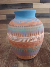 Native American Navajo Indian Hand Etched & Hand Painted Pottery - M. Charlie