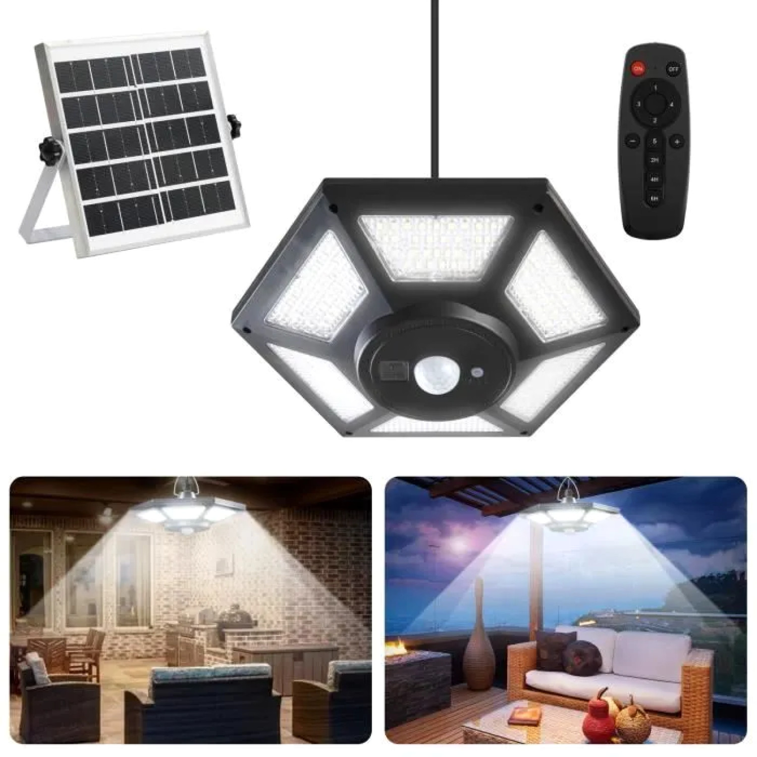 Lampe solaire suspendue 180 LED avec télécommande et détecteur de mouvement IP65 noir