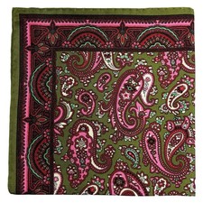 Olive Green  Pink Paisley Ancient Madder Silk Pocket Square Hand-Rolled 