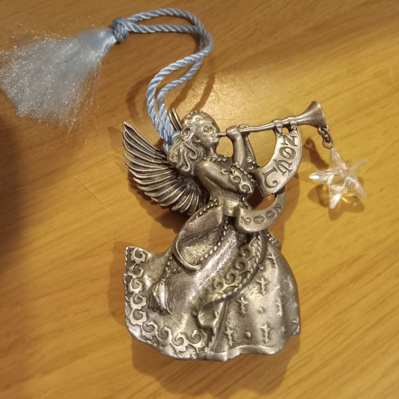 2002 Avon Pewter (Silver-colored) Angel Christmas Ornament. No Box. 2.5 Inches