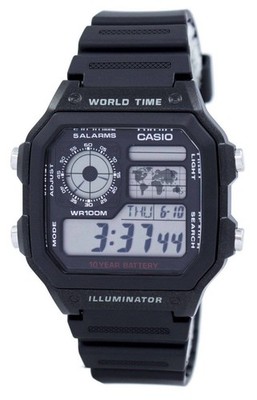 Casio Illuminator World Time Alarm Stopwatch AE-1200WH-1AV 100M Mens Watch