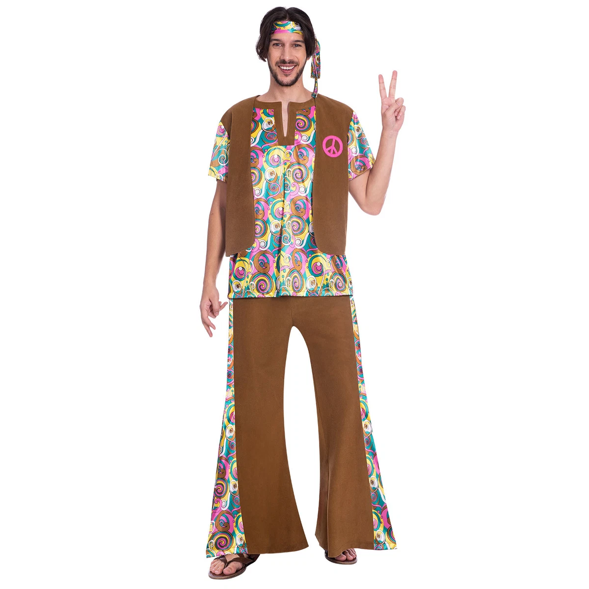 Mens 1960s Hippie Costume Psychedelic 70s Hippy Groovy Adult Fancy