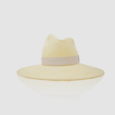 $375 Gigi Burris Women's Beige Drake Ribbon-Trim Straw Fedora