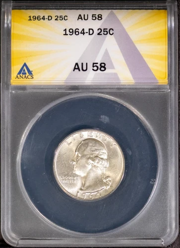 1964-D 25c Silver Washington Head Quarter AU 58 ANACS # 7603432 + Bonus