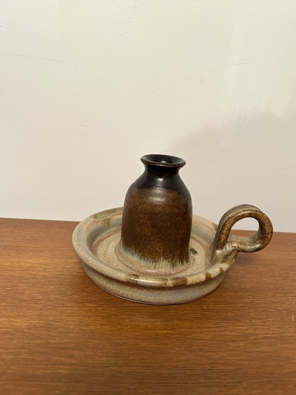 Vintage Chamber Stick Candle Holder Glazed Stoneware