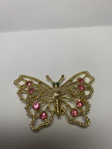 BUTTERFLY BROOCH PIN-STUNNING RHINESTONES-GOLD METAL-UNSIGNED-VINTAGE-PRE OWNED - Picture 2 of 8