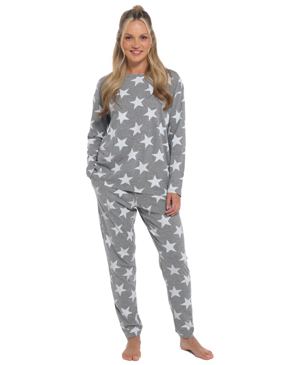 Long Sleeve Ladies Grey Star Pyjamas Jersey Star Pyjamas Ladies