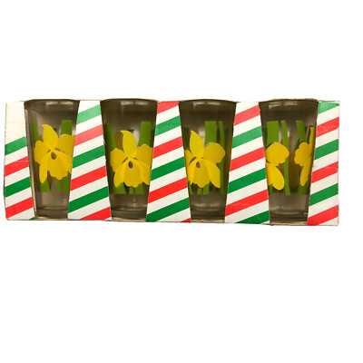 Vintage Drinking Glasses New In Pack Set Of 4 80s 90s Floral Yellow Green