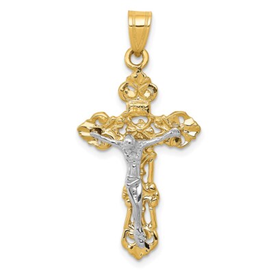 14k Two-tone Gold Fleur De Lis Crucifix Pendant for Women
