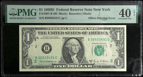1969D $1 Federal Reserve Note New York Offset Printing Error PMG 40 EPQ