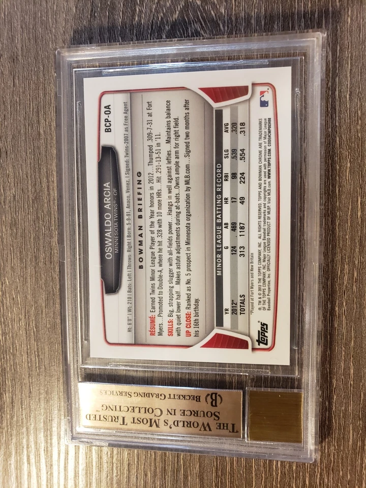 CARTÃO AUTOGRAFADO BOWMAN BECKETT 9,5 GEM OURO PERFEITO T11-29 Oswaldo Arcia 2013 - Imagem 2 de 2