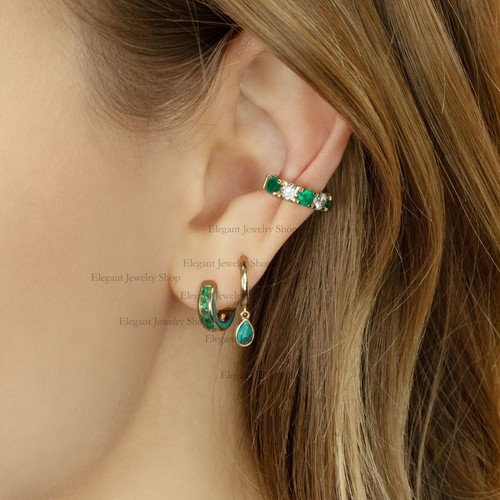 Real 0.3 Ct Turquoise Teardrop Hoop Earrings 14k Yellow Gold Party Wear Jewelry - Picture 5 of 6
