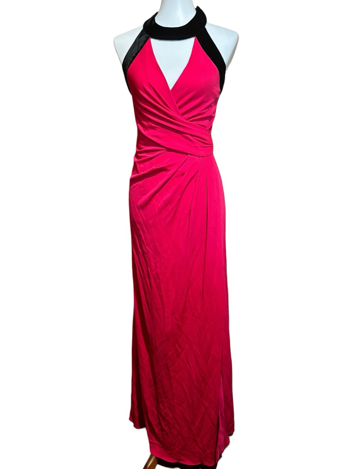 Halston Heritage Maxi Dress Womens Small Red Black Trim Ruched