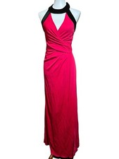 Halston Heritage Maxi Dress Womens Small Red Black Trim Ruched Surplice Evening