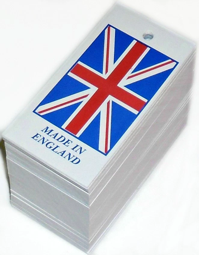 MADE IN ENGLAND, UNION JACK CLOTHES TAGS HANGING CARDS, 36MM X 73MM, FREE P&P