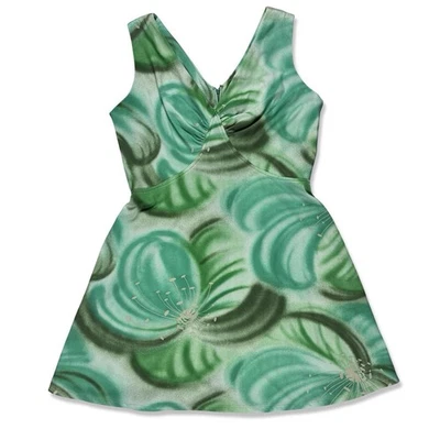 Vintage 60s 70s Women's Green Floral V-Neck Dress Mod Gogo 16 - Photo 1/4