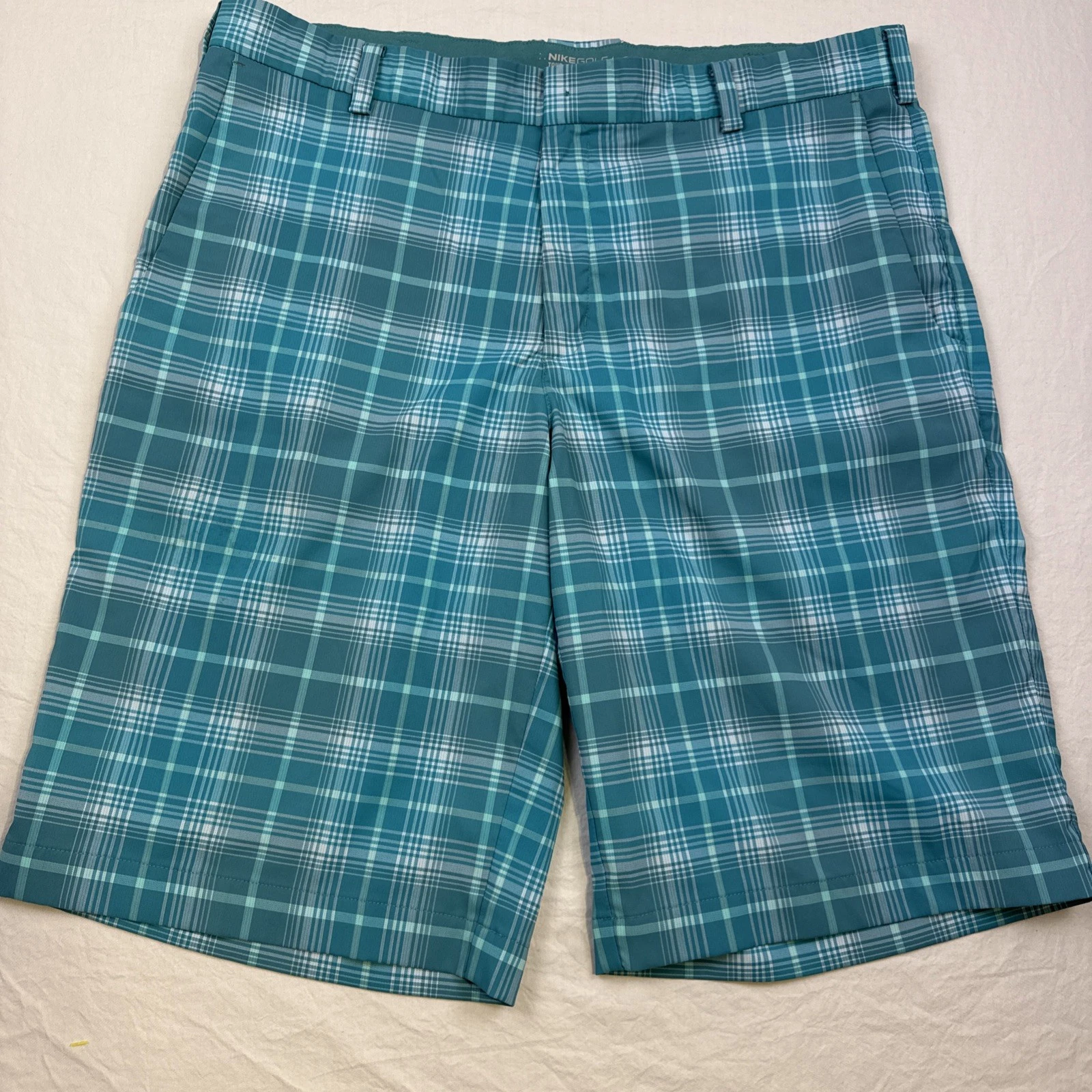 Nike Shorts Mens 36 TEAL BLUE Plaid Dri Fit Tour Performance Golf Casual PREPPY
