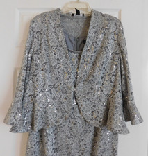 R &M Collection Women's 2 pcs Dress & Jacket Size 16W Silver Sequins & Mesh