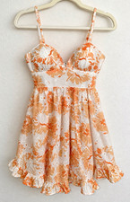 Indikah XS White/Peach Floral Sweetheart Sleeveless Ruffle Mini Dress