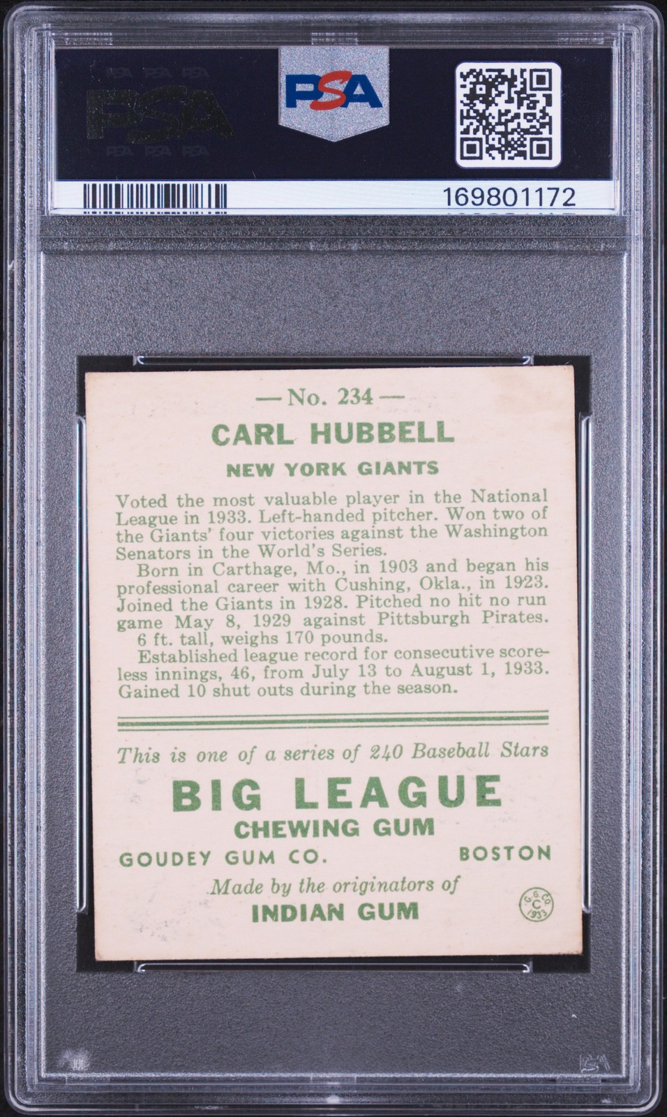 1933 GOUDEY #234 CARL HUBBELL PSA 4 view 2
