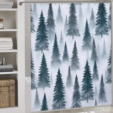 Misty Blue Pine Forest Watercolor Tree Fabric Shower Curtain Set 72x72 In