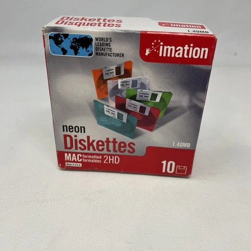 NEW IMATION NEON DISKETTES ~MAC FORMATTED~ 2HD 1.40 MB 3.5" BLANK/SEALED QTY 10