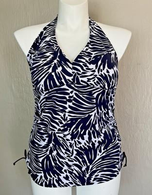 Lands End Womens Plus Size Tankini Swim Top Halter Style Dk Blue White Size 18