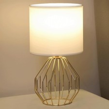 Gold Table Lamp, Small Bedside Nightstand Lamps with White Fabric Shade, Meta...