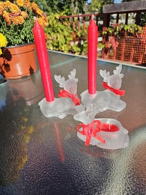 Emson Set Of Three Frosted Glass Reindeer Taper Candle Holders And Tea Light...