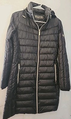 Michael Kors Long Down Puffer Jacket Women XS Black Hooded Quilted Lightweight
