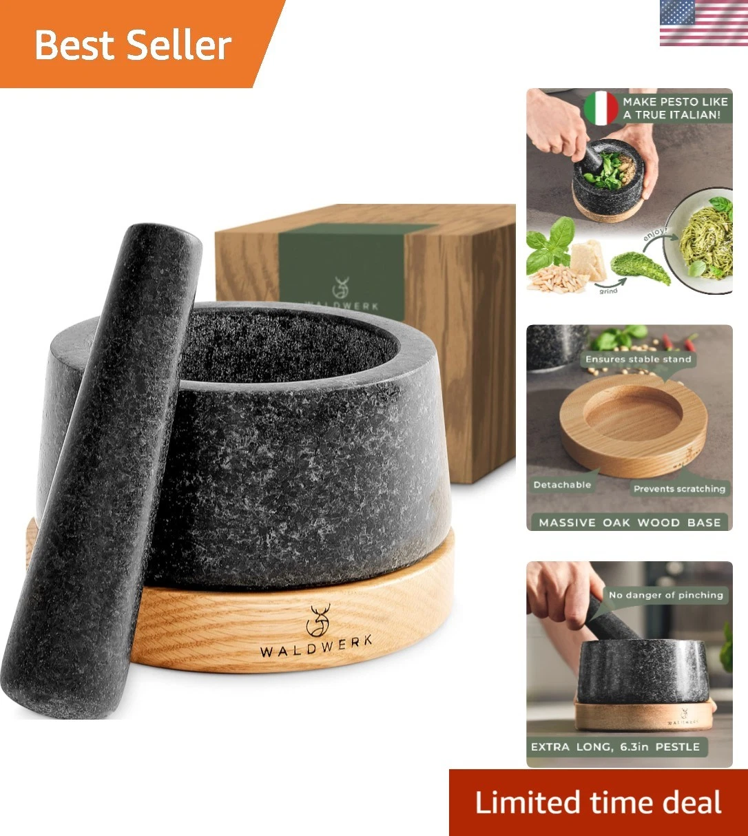 Granite Mortar and Pestle with Scratch-Resistant Wood Base - 250 Grams