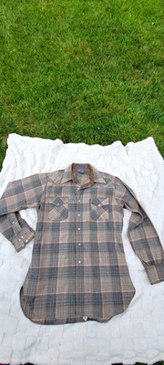 Pendleton Men's L Wool Flannel Brown/Blue Plaid Button-Up Shirt Chest Pocket