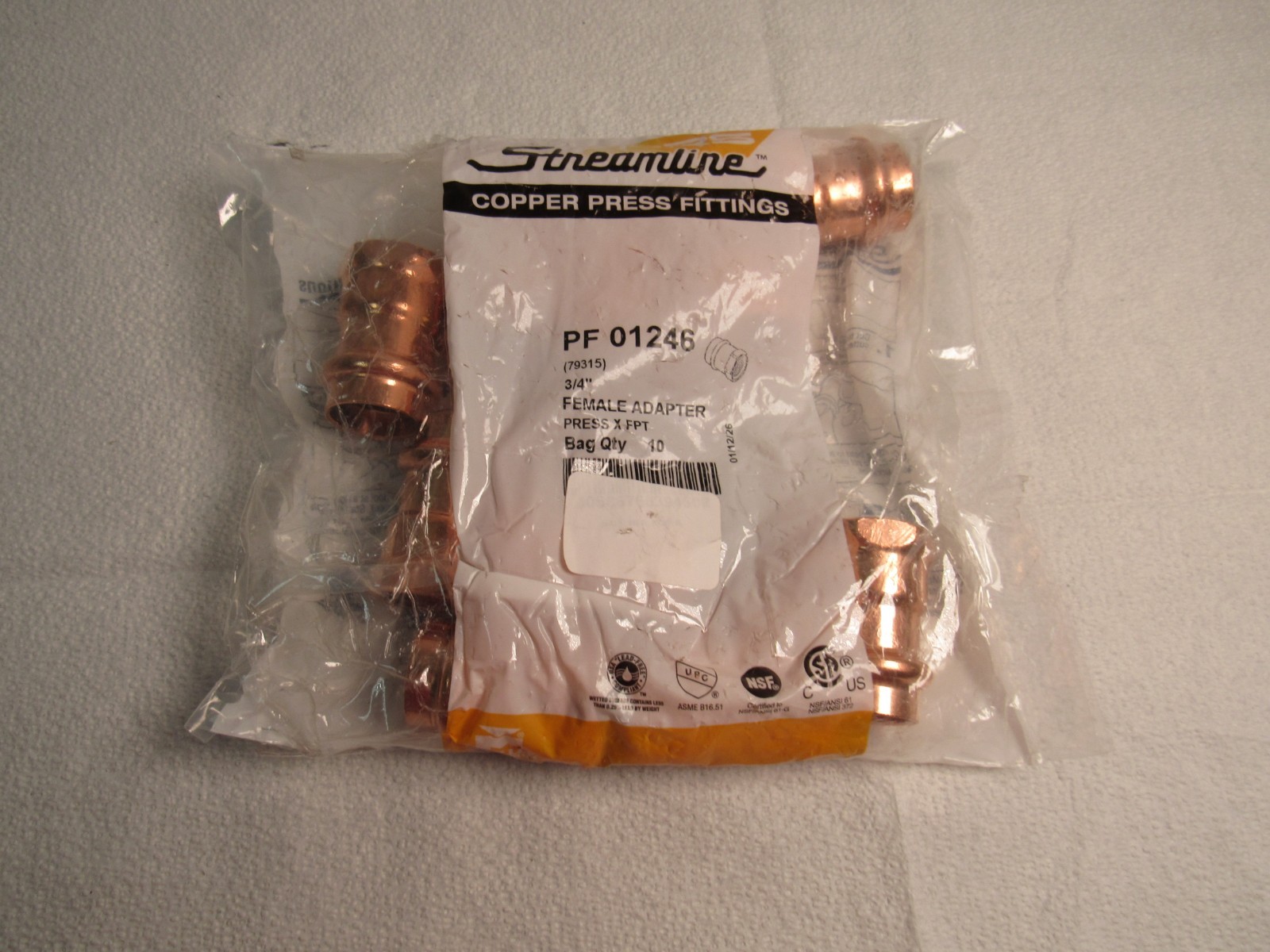 Streamline PF01246, 3/4" Press x 3/4" FPT Copper Female Adapter Pack of 10
