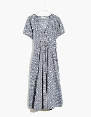 EUC Madewell Embroidered Gingham Faux-Wrap Tie-Waist Midi Dress size Large  navy | eBay