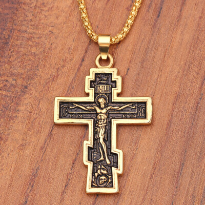 Mens Gold Russian Orthodox Crucifix Cross Pendant Religious Necklace Chain  24
