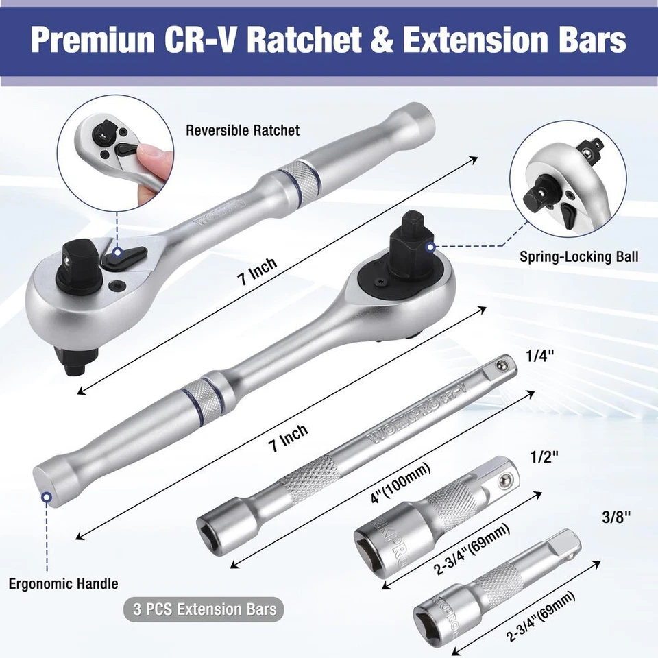 WORKPRO 22PC Socket Set 3-in-1 Ratchet Handle Socket Wrench 1/4" 3/8" 1/2" Drive - Image 4 of 4
