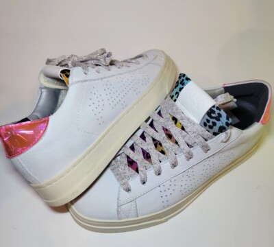P448 WHITE JACK REFLECTOR SNEAKERS EU 37 WOMEN S 7 Made in Italy Pink Leopard