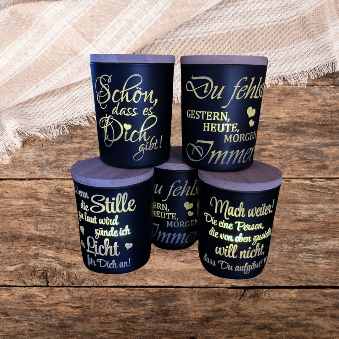 Windlicht | Kerzenglas Trauerlicht Matt Schwarz Gravur Spruch mit Name Personali