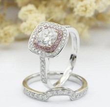 Pav  2.5Ct Cushion CZ Pink Halo Wedding Bridal Ring  Band Set In 925 Silver