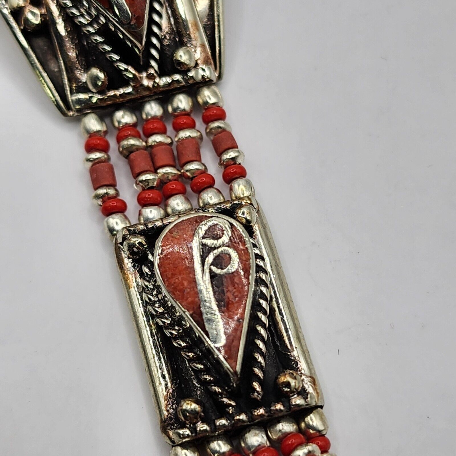Vintage Southwestern Style Bracelet Red Stones Ha… - image 3