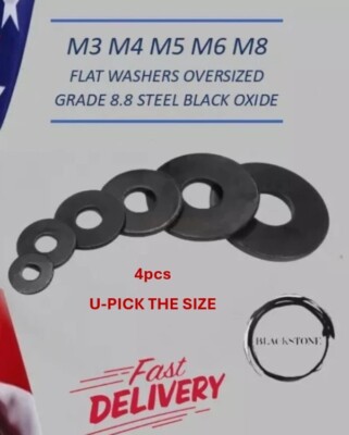 M2 M3 M4 M5 M6 M8 M10 FLAT WASHER STEEL BLK OX GRADE 8.5 U-PICK SIZE (PACK OF 4)
