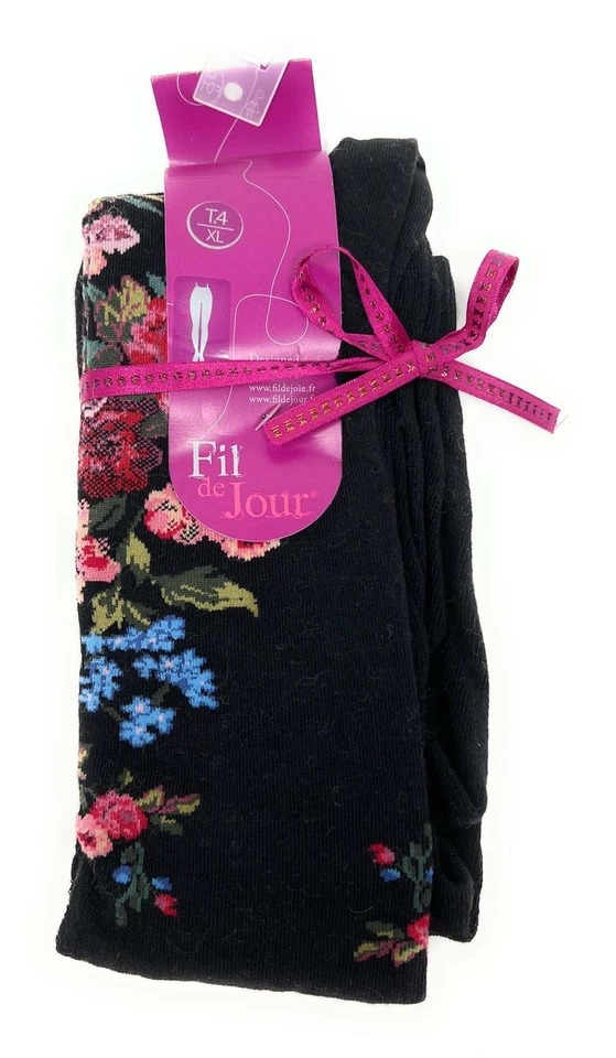 Fil de Jour France Cotton Angora Blend Tights, Black Flowers, S/M Made in Italy - Image 2 of 4
