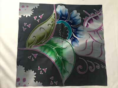 Retro Head Scarf Vintage Style Square Handmade Batik Cotton Blue Green Grey  UK