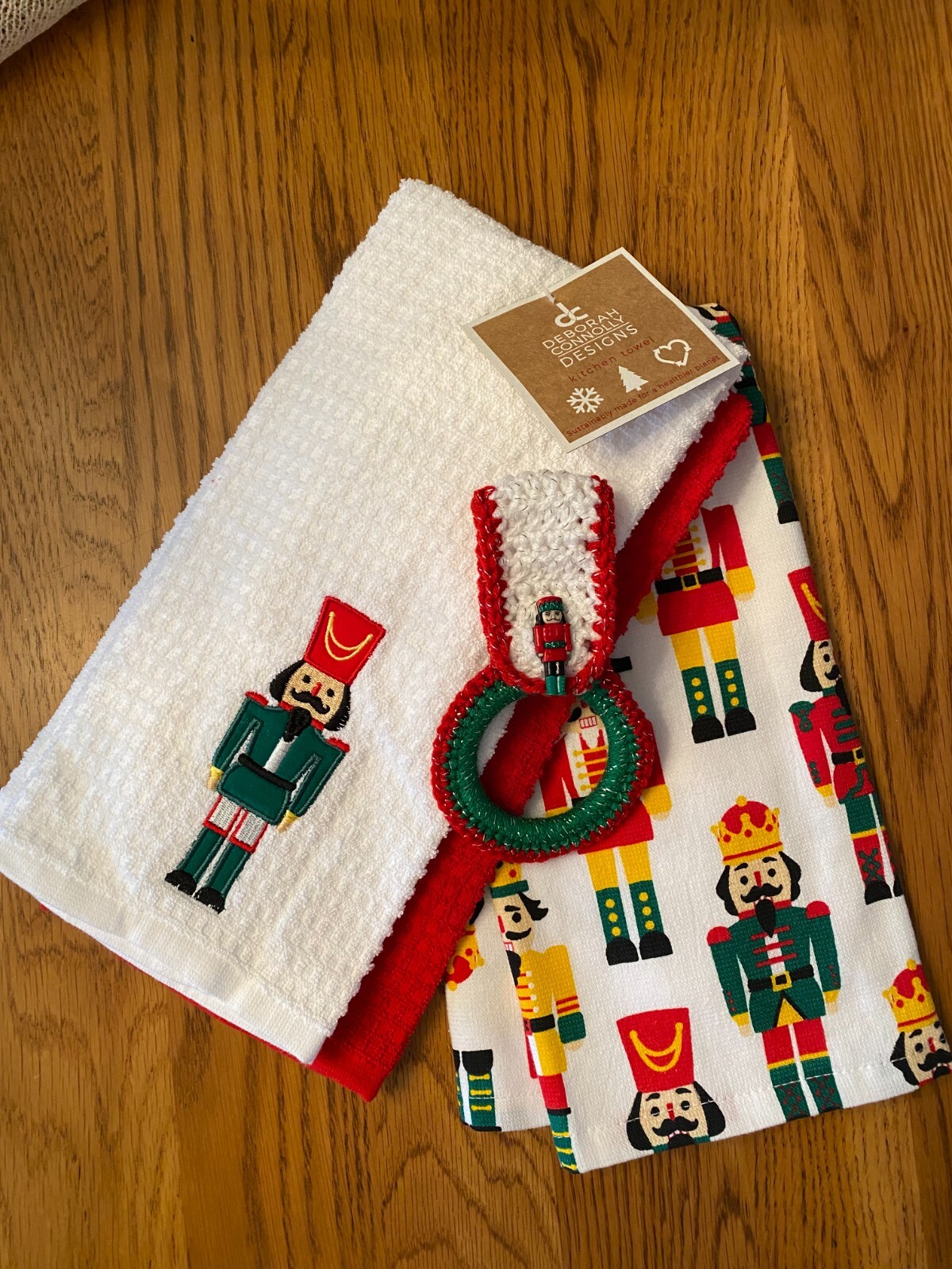 "christmas nutcracker" kitchen towels with crochet towel ring holder